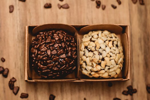 Deux boules de praliné, l'une enrobée de chocolat noir et l'autre de noix, présentées dans une boîte en carton.