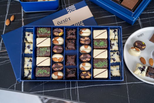 Assortiment de chocolats raffinés dans une boîte bleue, avec des garnitures variées et des amandes.
