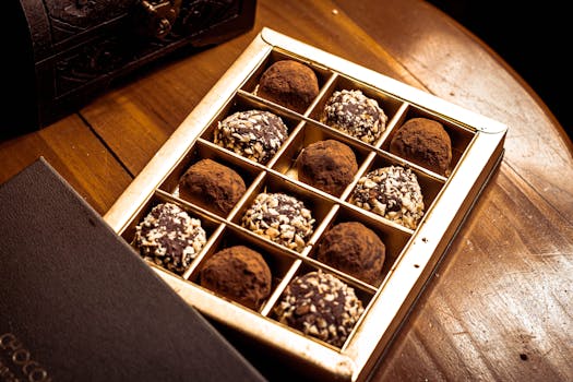 Boîte de chocolat avec des truffes variées, sur une table en bois, évoquant des cadeaux gourmands.
